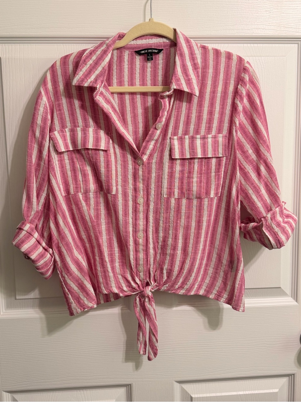 Unique Spectrum Pink & White Striped Tie-Front Button Down Shirt